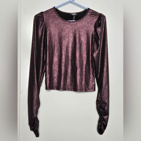 AQUA Ruched Long Sleeve Shine Top - Sz M Rose Black - Picture 2 of 6